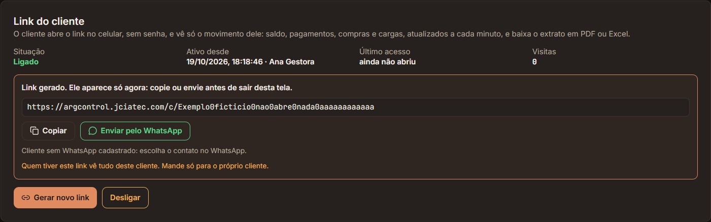 Link do cliente na ficha: gerar, copiar e enviar.